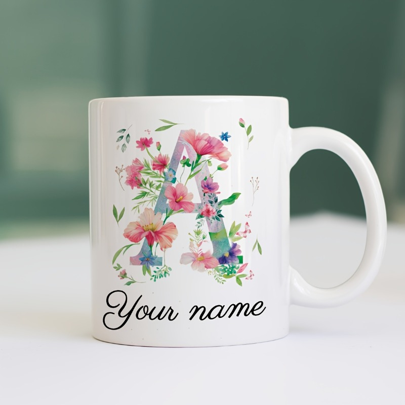Coffee Tea Name - Caneca com nome/texto personalizado, motivos florais,